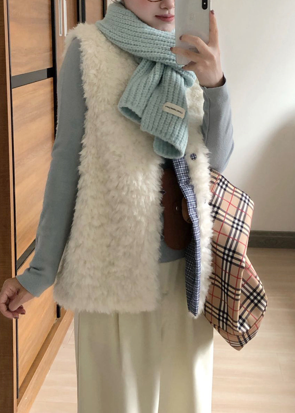 Beige O Neck Patchwork Faux Fur Vest Sleeveless