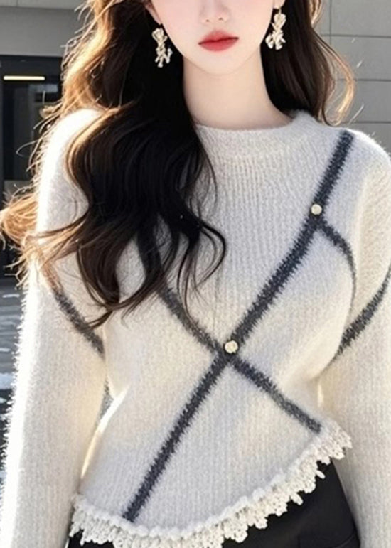 Beige O Neck Patchwork Knit Sweaters Flare Sleeve