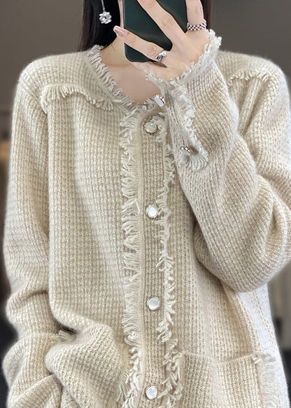 Beige O-neck Patchwork Wool Blended Coats Long Sleeve