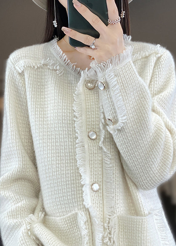 Beige O-neck Patchwork Wool Blended Coats Long Sleeve