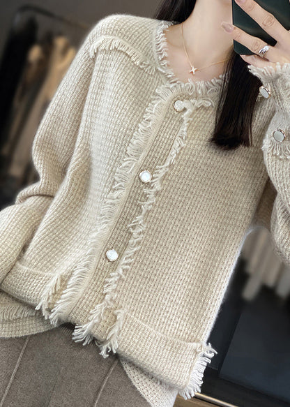 Beige O-neck Patchwork Wool Blended Coats Long Sleeve