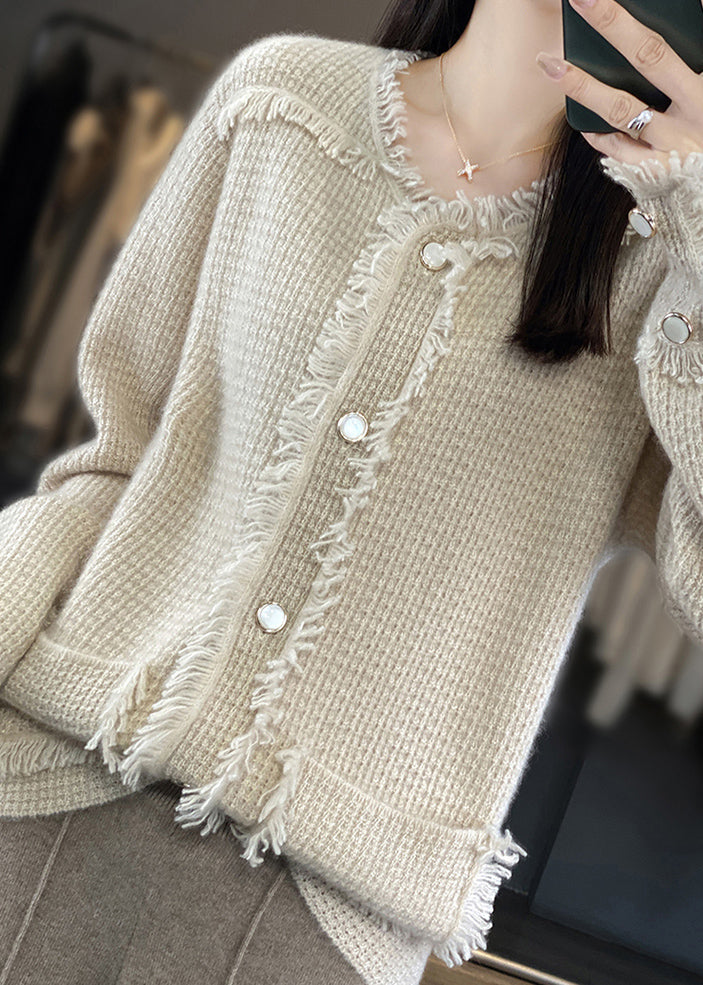 Beige O-neck Patchwork Wool Blended Coats Long Sleeve