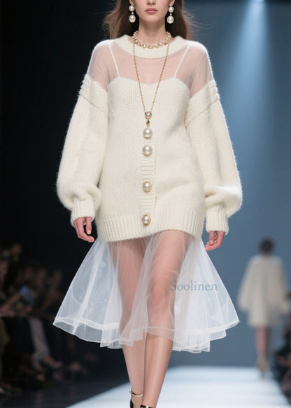 Beige O Neck Tulle Patchwork Long Knit Dress Fall