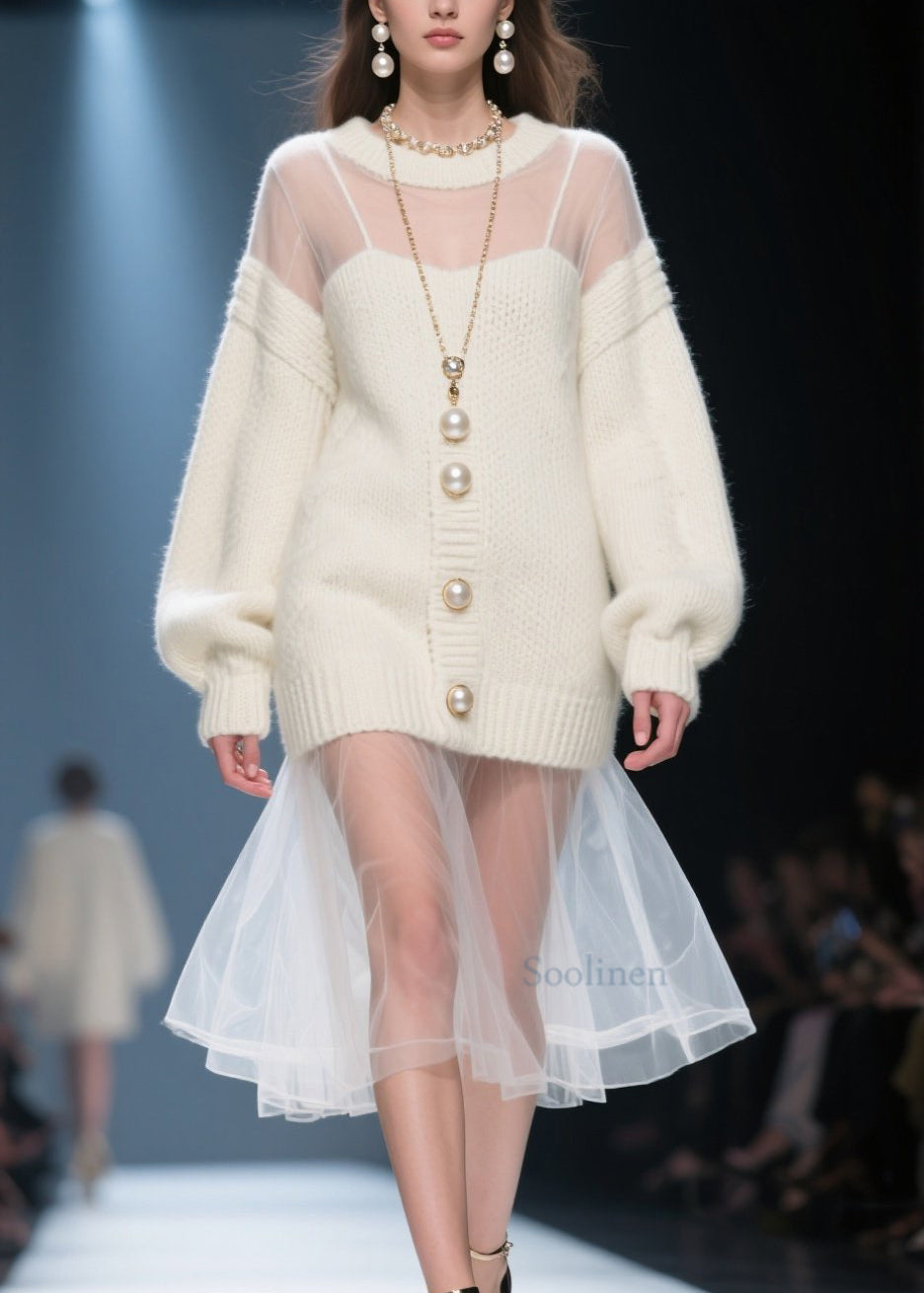 Beige O Neck Tulle Patchwork Long Knit Dress Fall