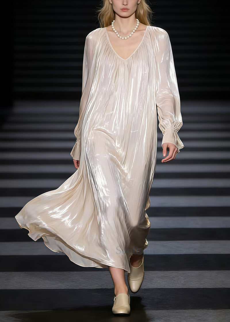 Beige Oversized Draping Silk Maxi Dress Spring