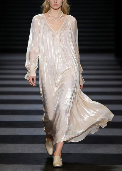 Beige Oversized Draping Silk Maxi Dress Spring
