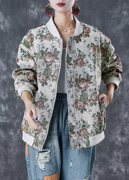 Beige Oversized Print Cotton Jackets Fall