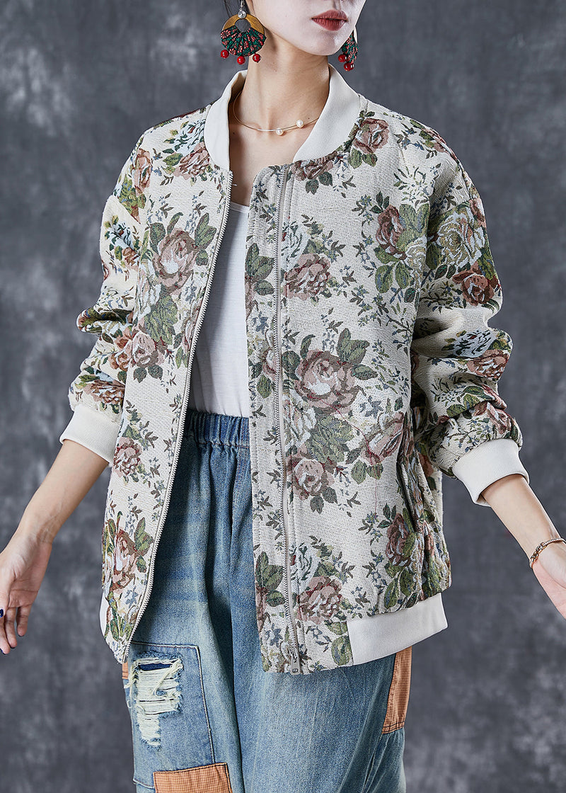 Beige Oversized Print Cotton Jackets Fall