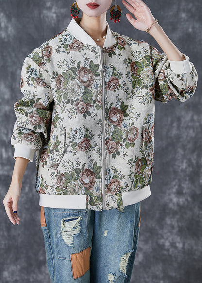 Beige Oversized Print Cotton Jackets Fall