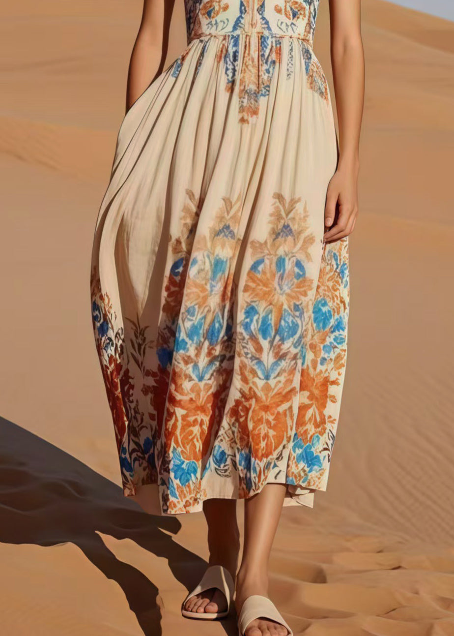 Beige Print Cotton Party Dress Sleeveless