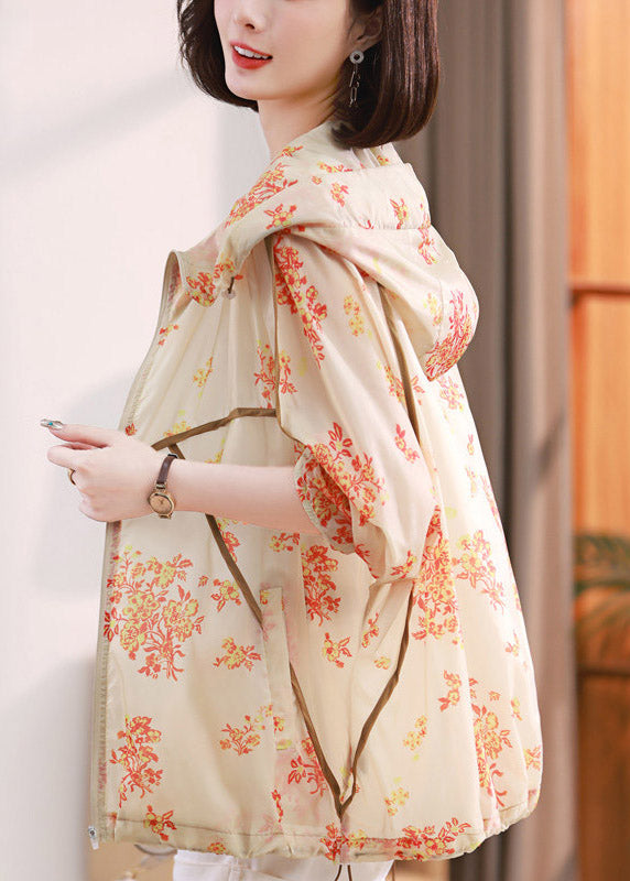 Beige Print Pockets Hoodie Upf 50+ Coat Jacket Spring