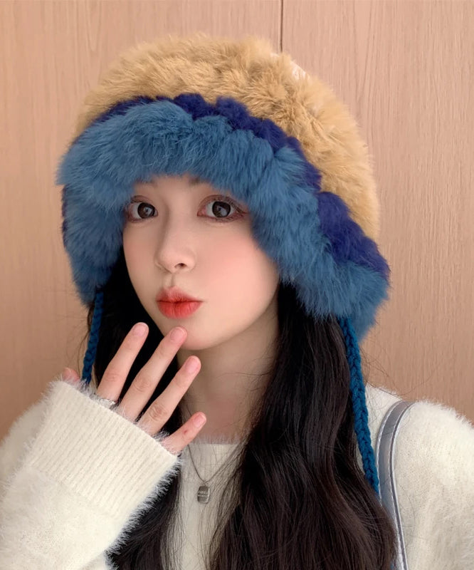 Beige Rabbit Wool Thick Warm Bucket Hat