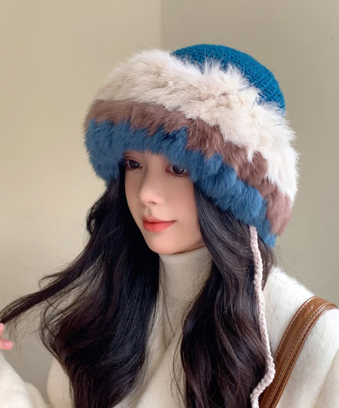 Beige Rabbit Wool Thick Warm Bucket Hat