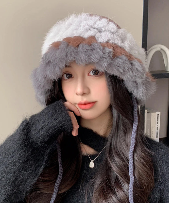 Beige Rabbit Wool Thick Warm Bucket Hat