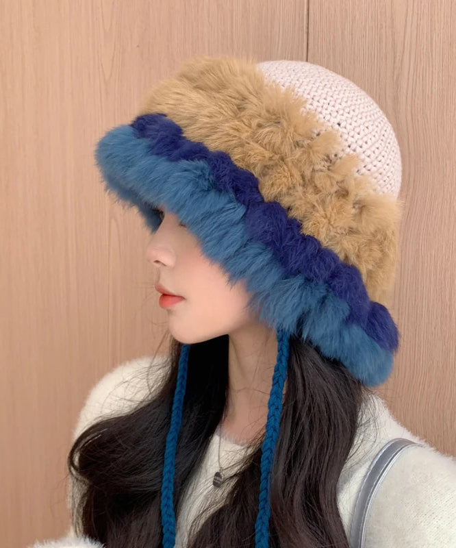 Beige Rabbit Wool Thick Warm Bucket Hat