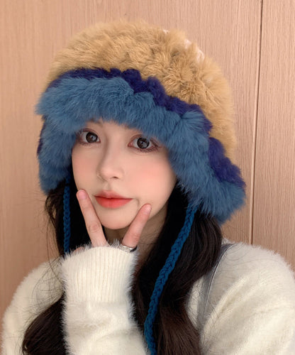 Beige Rabbit Wool Thick Warm Bucket Hat