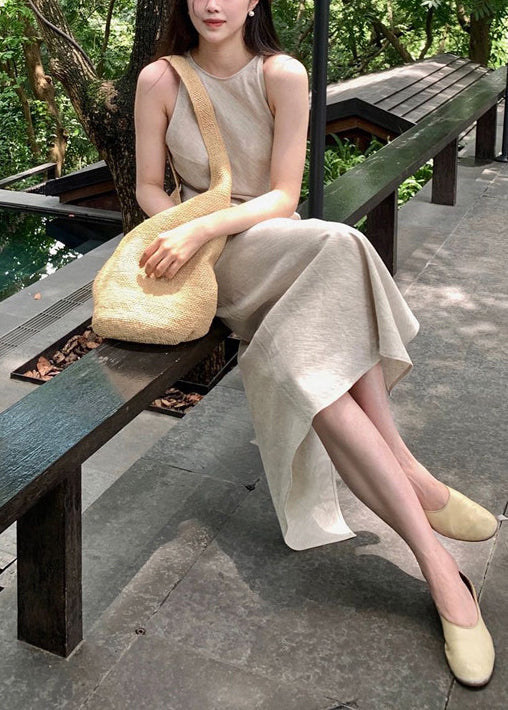 Beige Side Open Linen Ankle Dress Summer