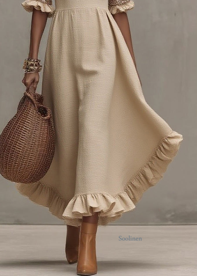Beige Square Collar Ruffled Wrinkled Long Dress Summer