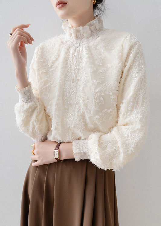 Fashion Beige Stand Collar Warm Fleece Blouse Tops Winter