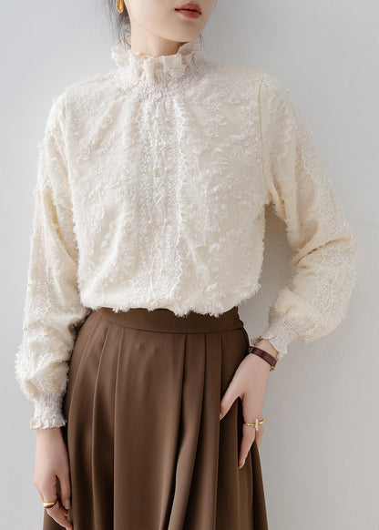 Fashion Beige Stand Collar Warm Fleece Blouse Tops Winter