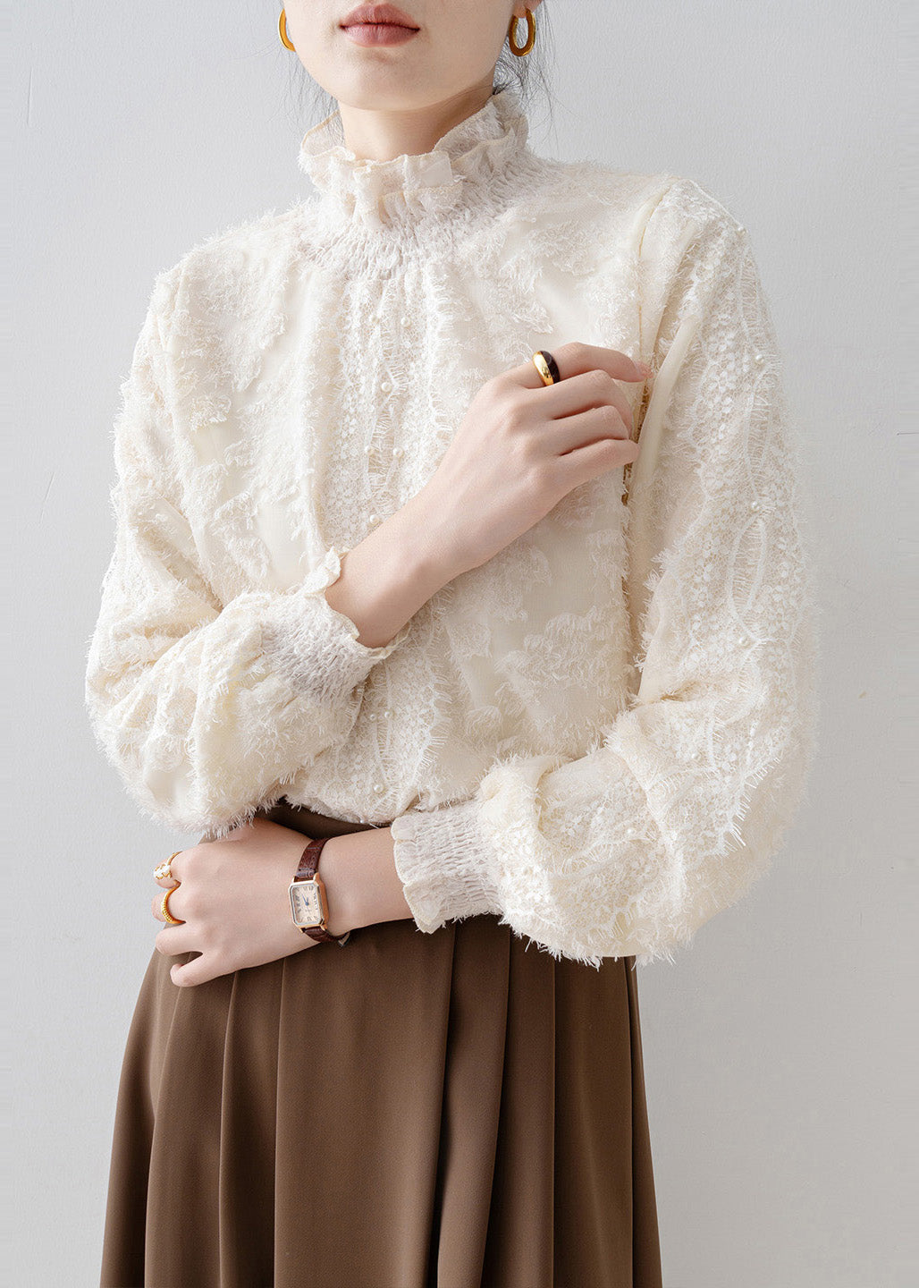 Fashion Beige Stand Collar Warm Fleece Blouse Tops Winter