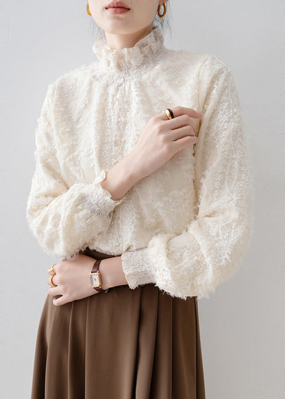 Fashion Beige Stand Collar Warm Fleece Blouse Tops Winter