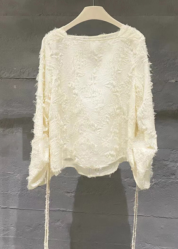 Beige Tasseled Patchwork Cotton Shirts Top Fall