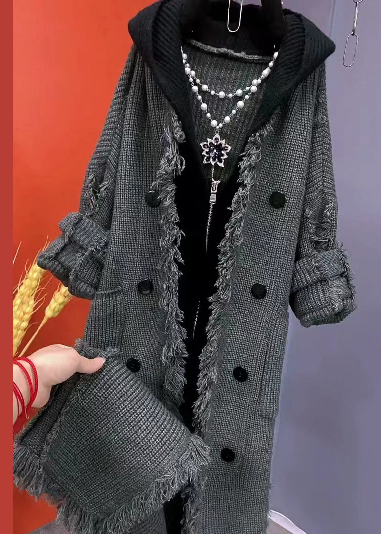 Beige Tasseled Patchwork Knit Hooded Coat Spring