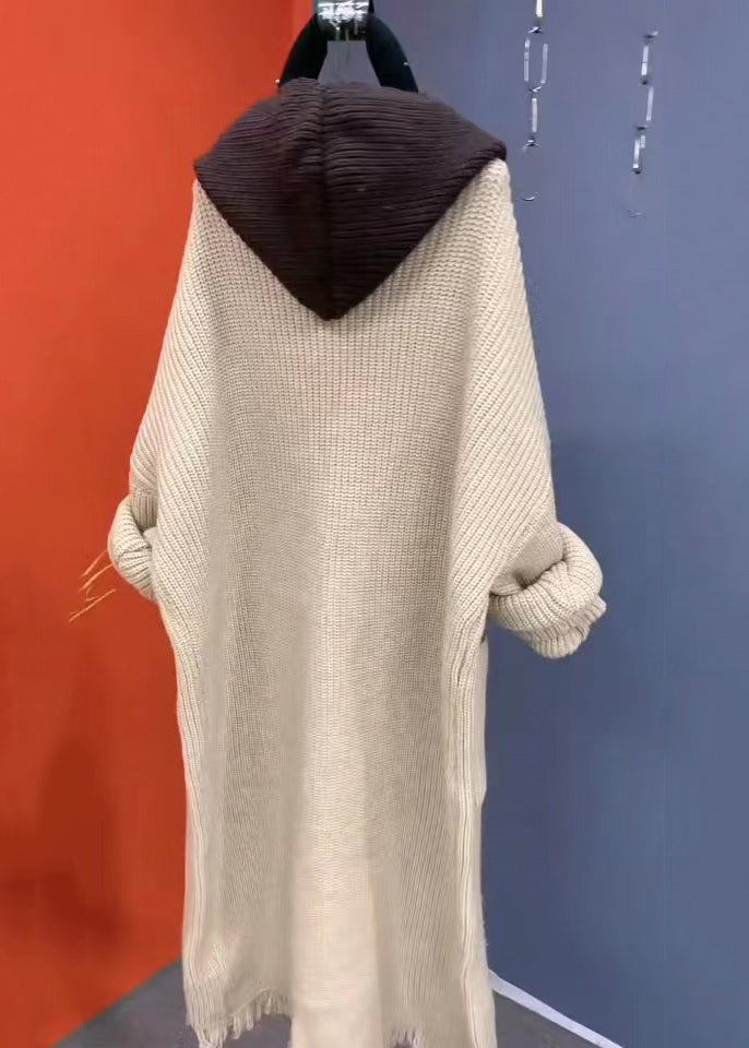 Beige Tasseled Patchwork Knit Hooded Coat Spring