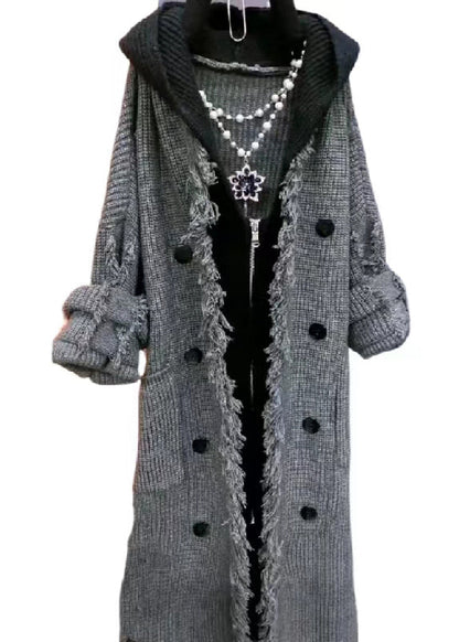 Beige Tasseled Patchwork Knit Hooded Coat Spring