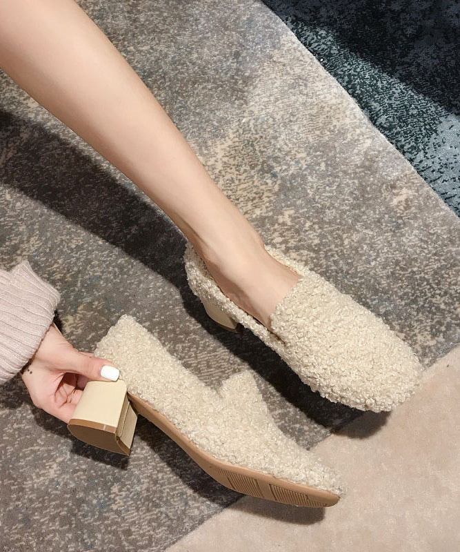 Beige Teddy Chunky Heel Fuzzy Wool Lined Penny Loafers