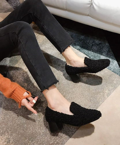 Beige Teddy Chunky Heel Fuzzy Wool Lined Penny Loafers