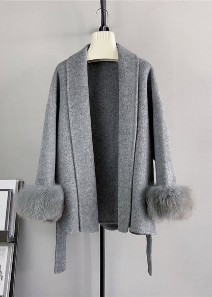 Beige Tie Waist Fox Patchwork Woolen Coats Winter
