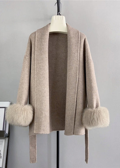 Beige Tie Waist Fox Patchwork Woolen Coats Winter