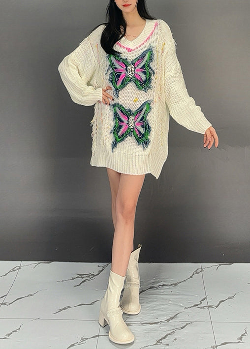 Beige V Neck Butterfly Knit Sweater Dress Fall