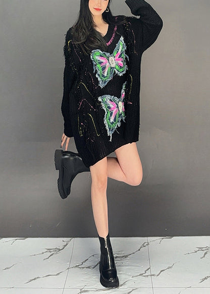 Beige V Neck Butterfly Knit Sweater Dress Fall