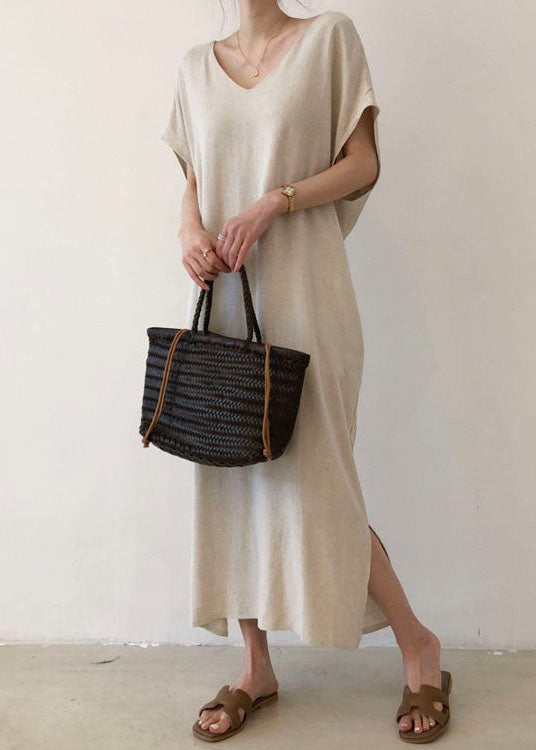 Beige V Neck Cotton Short Sleeve Long Dresses