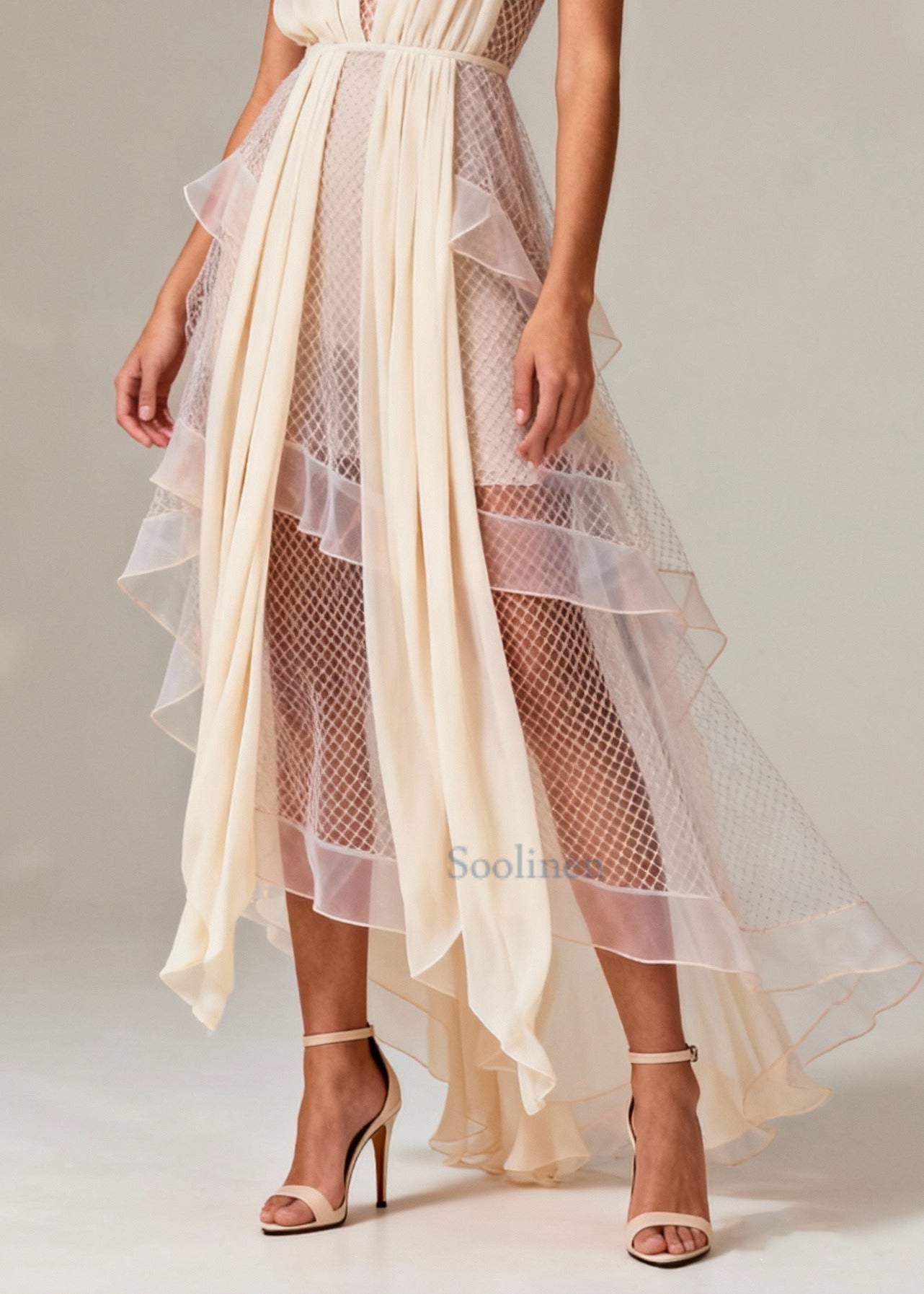 Beige V Neck Patchwork Mesh Long Dress Summer