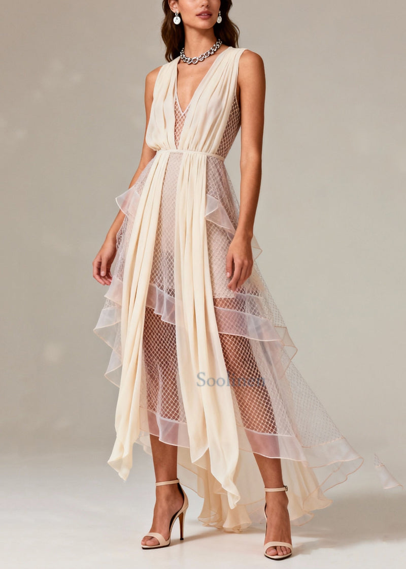 Beige V Neck Patchwork Mesh Long Dress Summer