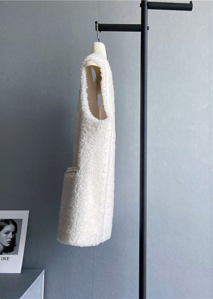 Beige V Neck Pockets Button Wool Vest Sleeveless