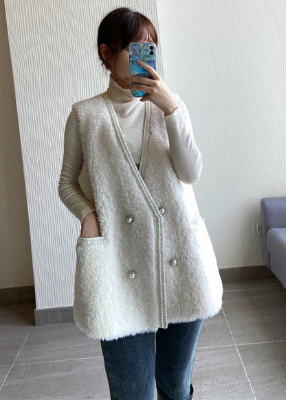 Beige V Neck Pockets Button Wool Vest Sleeveless