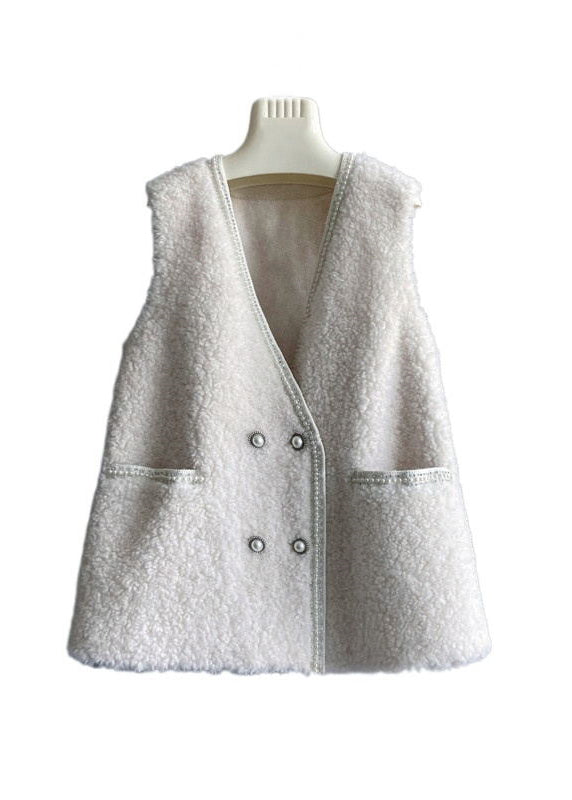 Beige V Neck Pockets Button Wool Vest Sleeveless