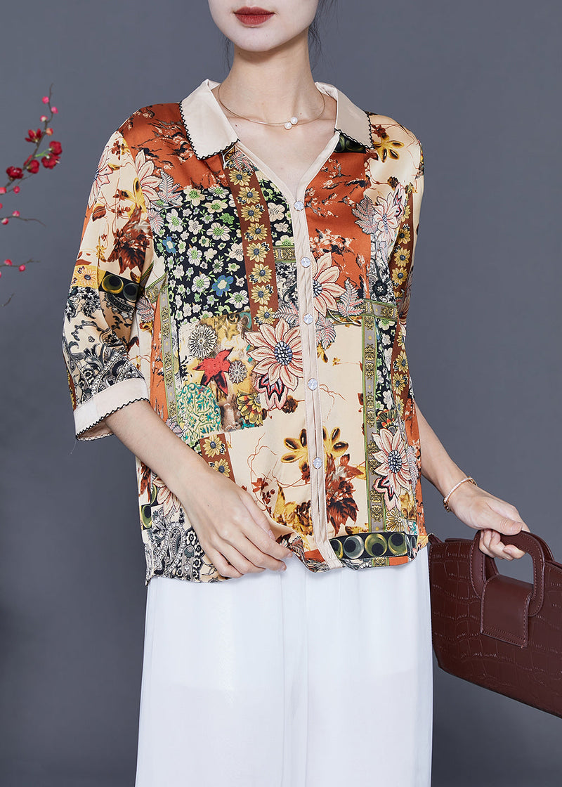 Beige V Neck Print Silk Shirt Top Half Sleeve