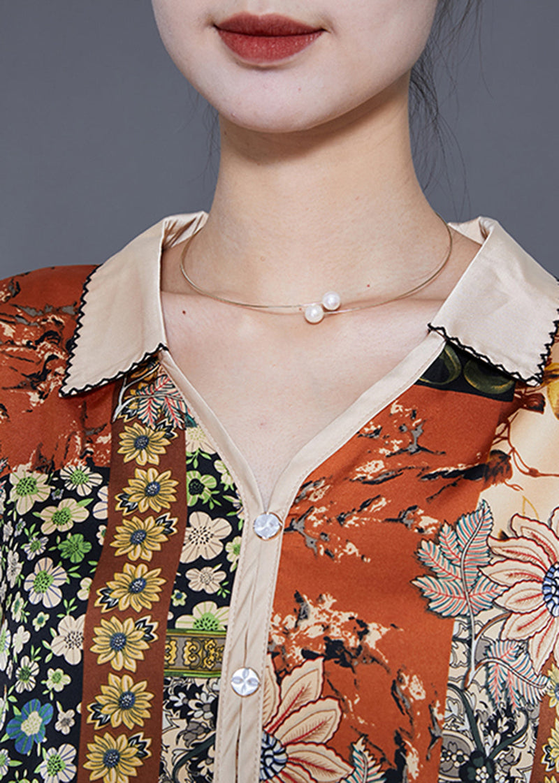 Beige V Neck Print Silk Shirt Top Half Sleeve