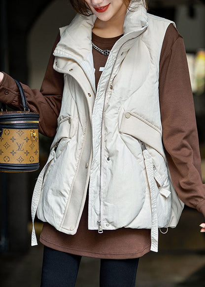 Beige Zip Up Patchwork Warm Duck Down Puffers Vest Winter