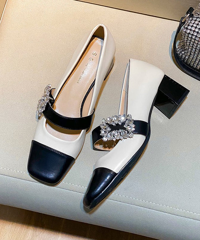 Beige Zircon Splicing Faux Leather Buckle Strap High Heels