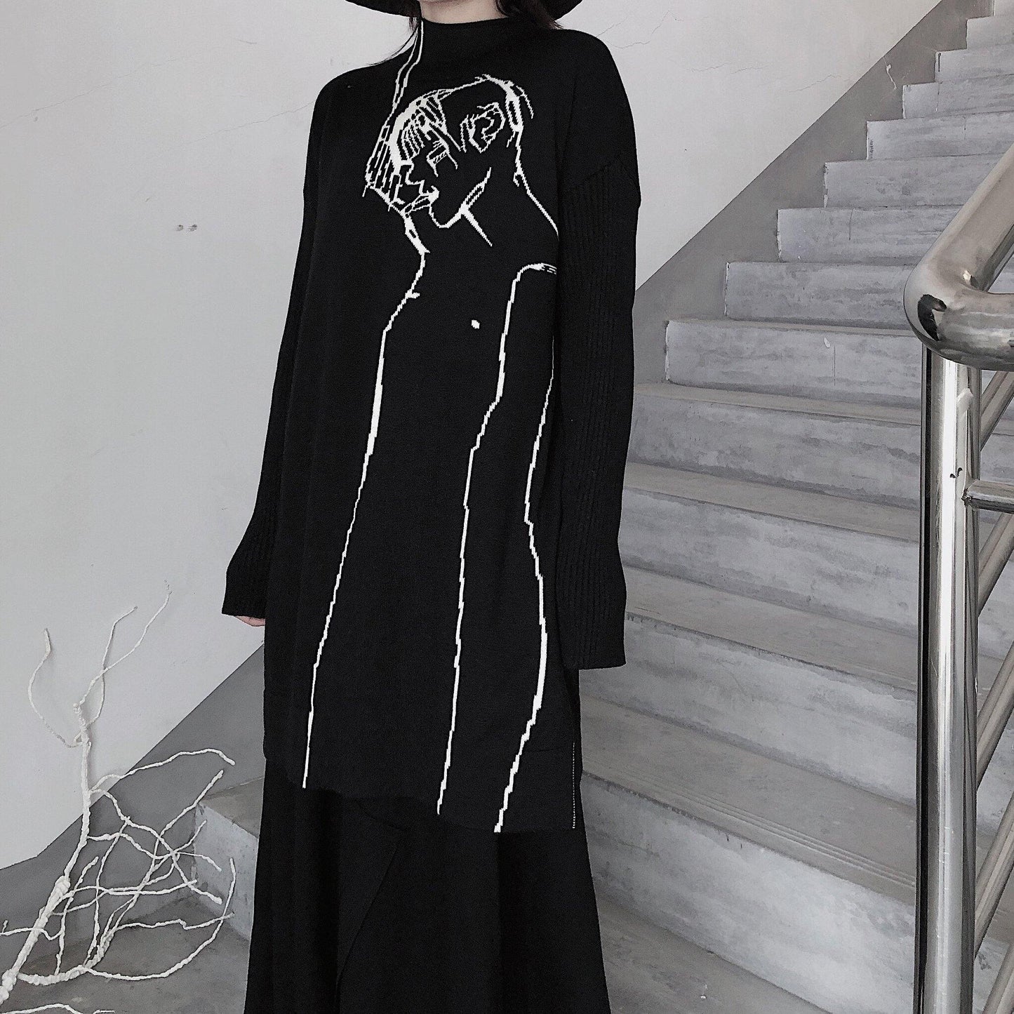 Black Abstract Portrait Knit Blouse High Neck Clothing Knitwear