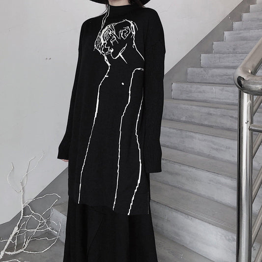 Black Abstract Portrait Knit Blouse High Neck Clothing Knitwear