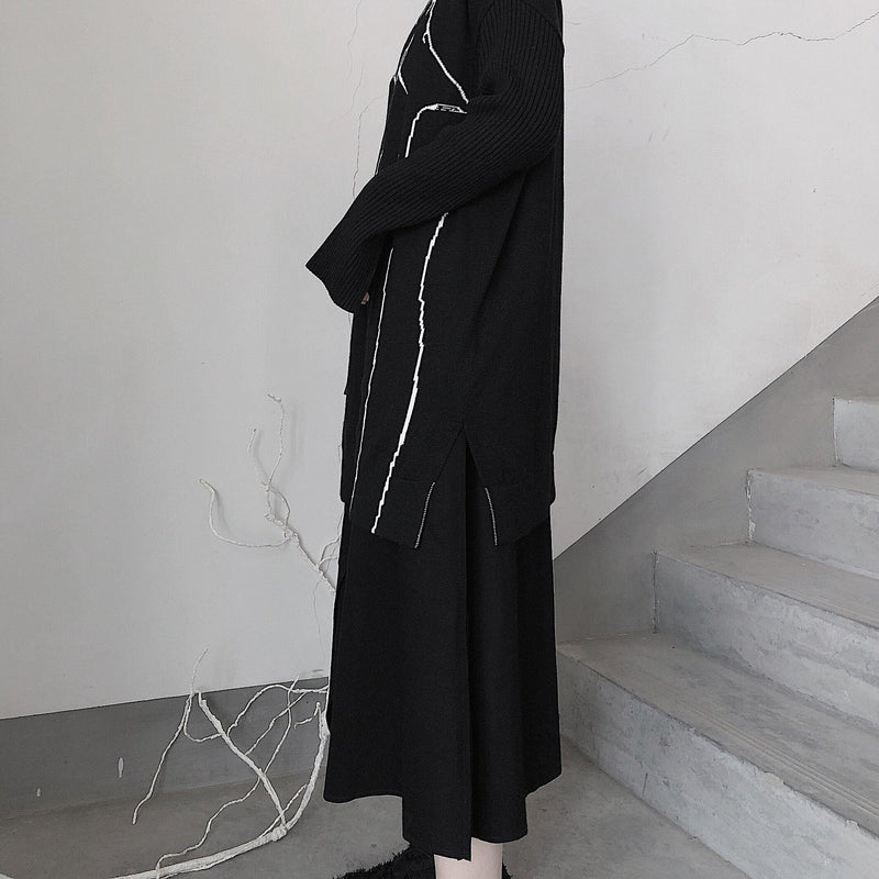 Black Abstract Portrait Knit Blouse High Neck Clothing Knitwear