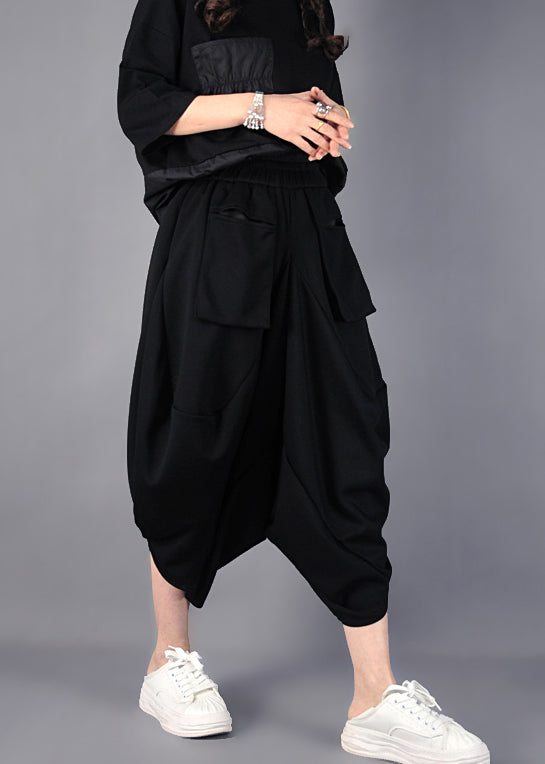 Black Asymmetrical Cotton Harem Pants Spring